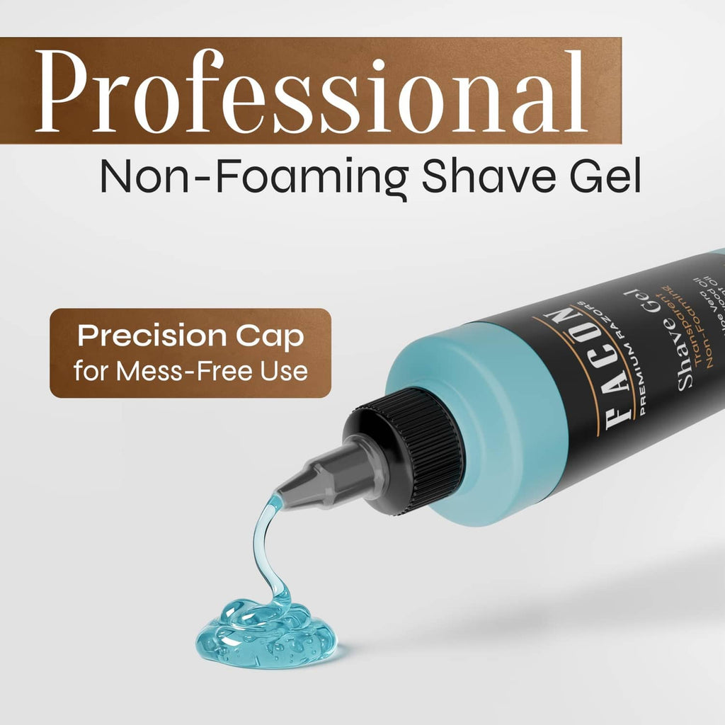 Non-foaming shave gel bottle with precision cap, dispensing clear gel from nozzle.