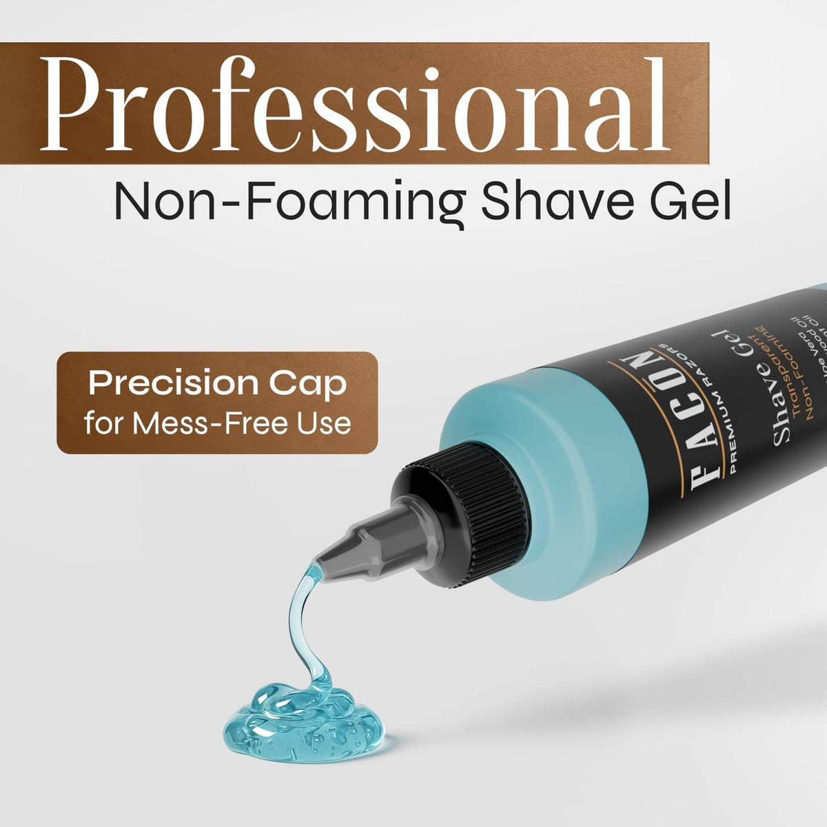 Non-foaming shave gel bottle with precision cap, dispensing clear gel from nozzle.