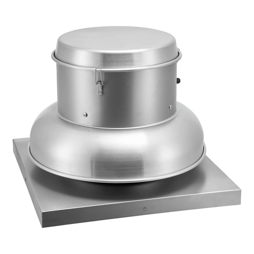 Stainless steel down-blast exhaust fan with dome top housing and rectangular base.