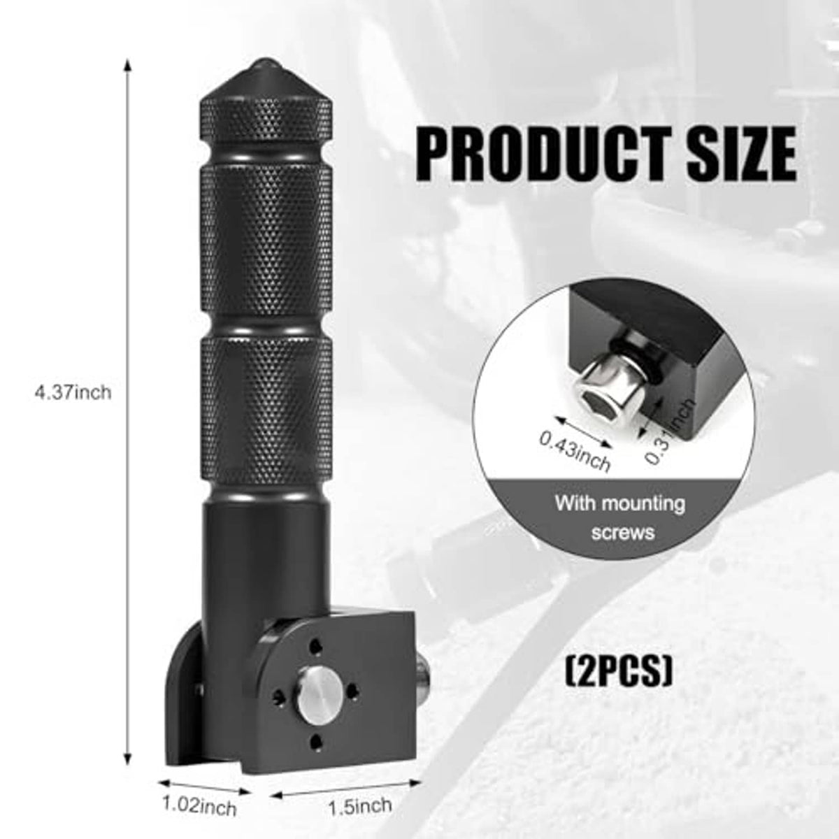 Foldable foot peg with textured black grip and black base plate with mounting hole