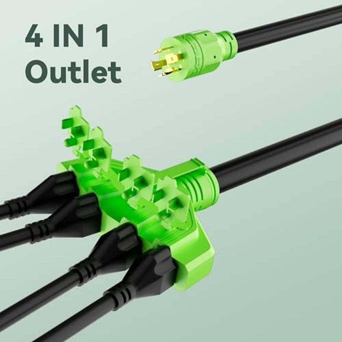 Green 4-in-1 outlet adapter on black cord with NEMA-style plug end