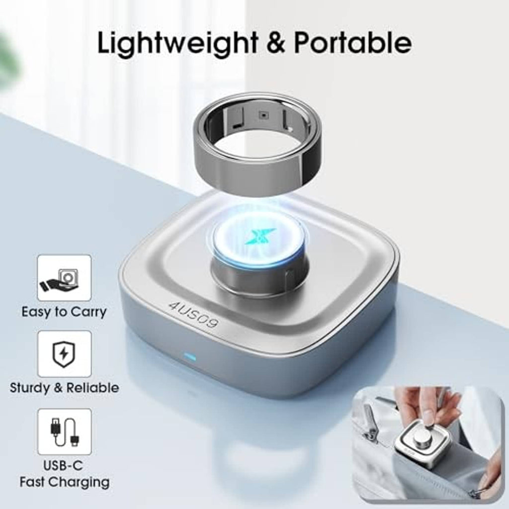 Portable Oura Ring Gen 4 charger base with blue ring glow and USB-C charging cable