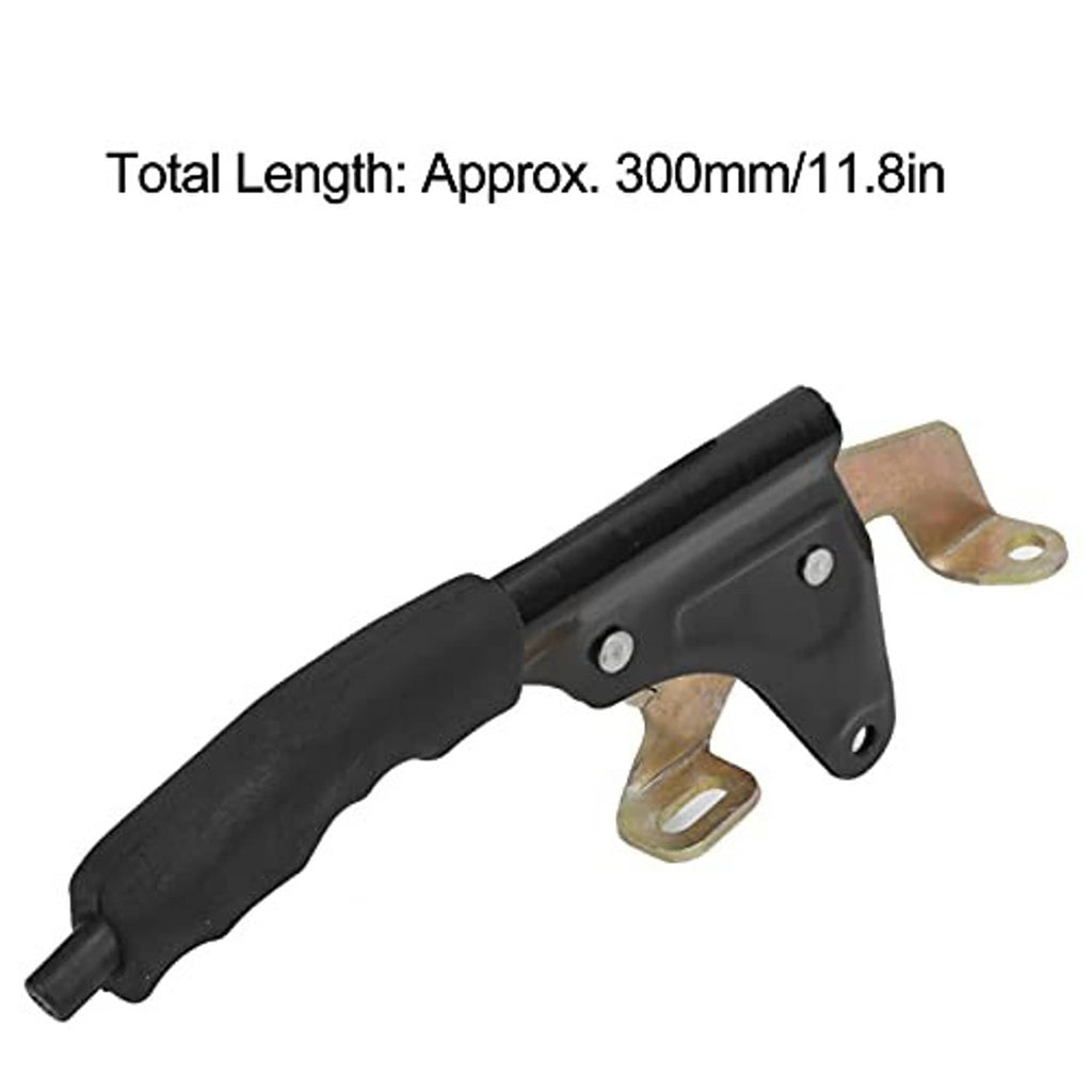 Parking brake lever with black rubber grip and metal mounting brackets