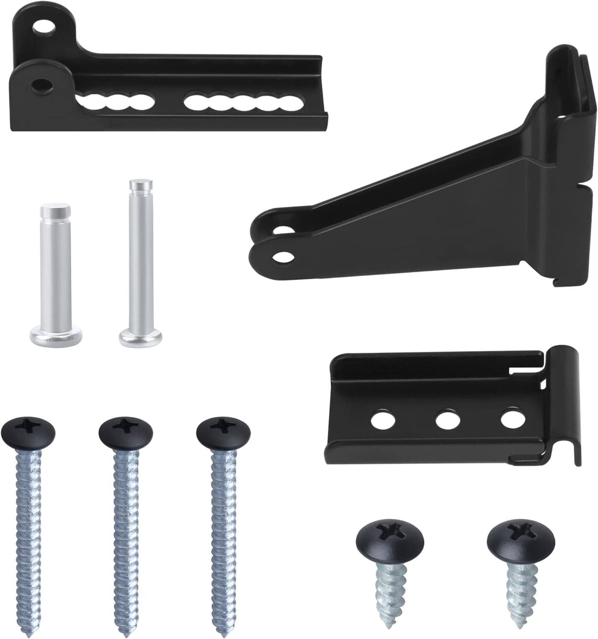 Black storm door closer bracket kit with screws and mounting pins