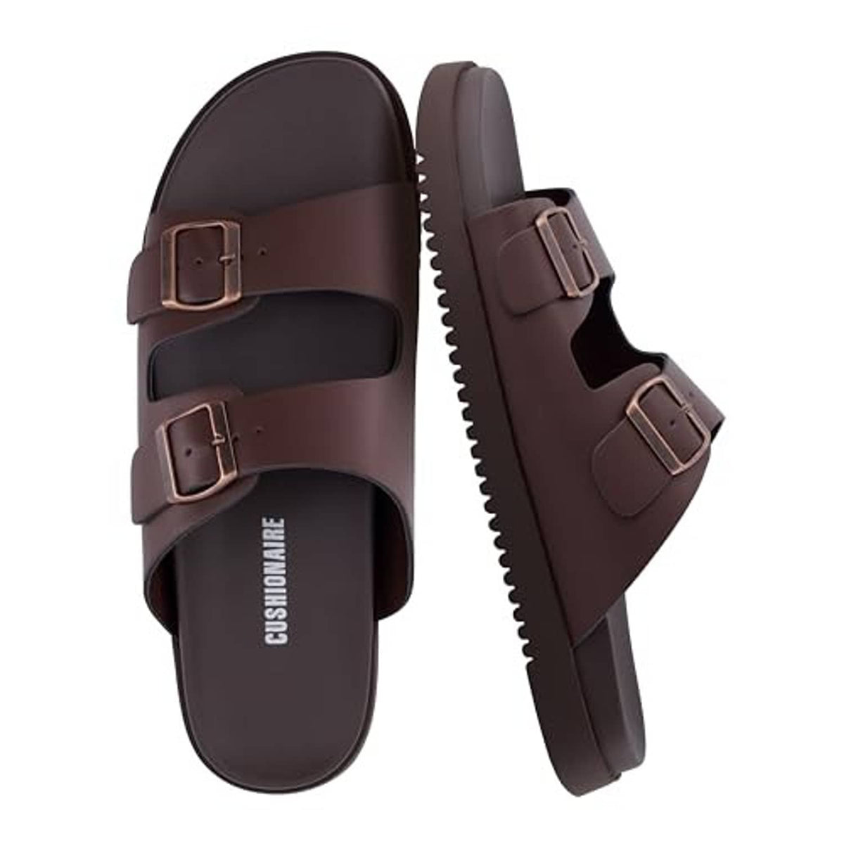 Men's brown slide sandals with dual adjustable buckle straps and thick sole