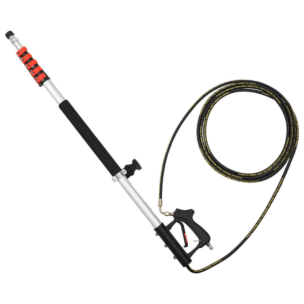 Telescoping pressure washer wand with black handle and coiled high-pressure hose