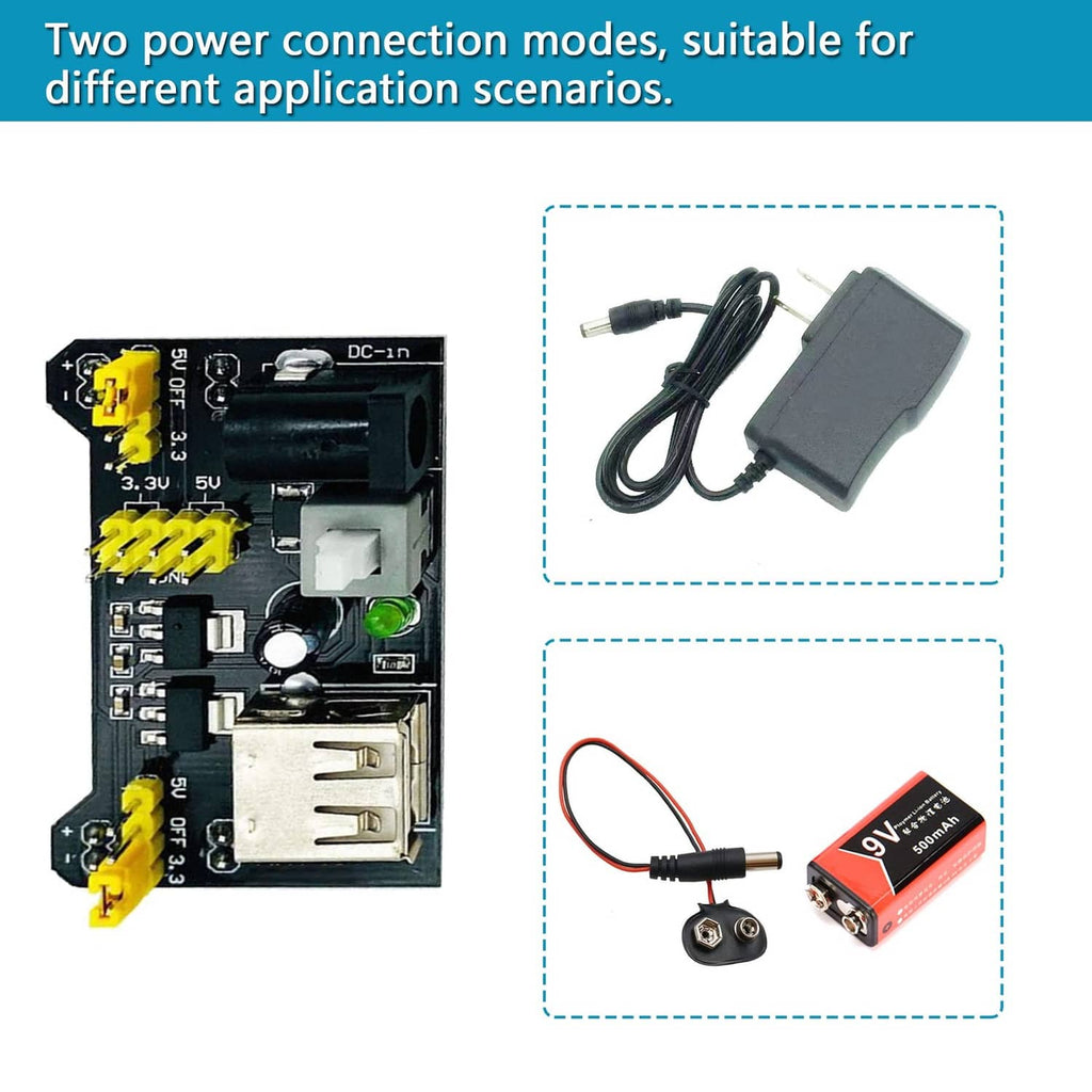Breadboard power module showing DC input and output connection terminals for projects