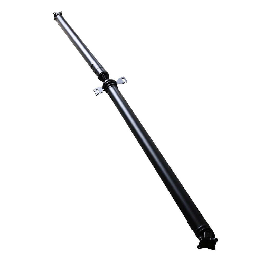 Silver-and-black rear prop shaft with spring coupler and mounting bracket.