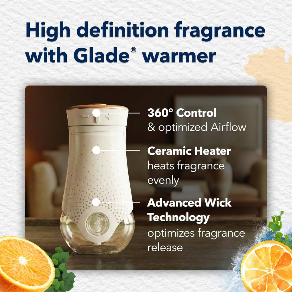 Glade PlugIns warmer refill display with ceramic heater and 360° control