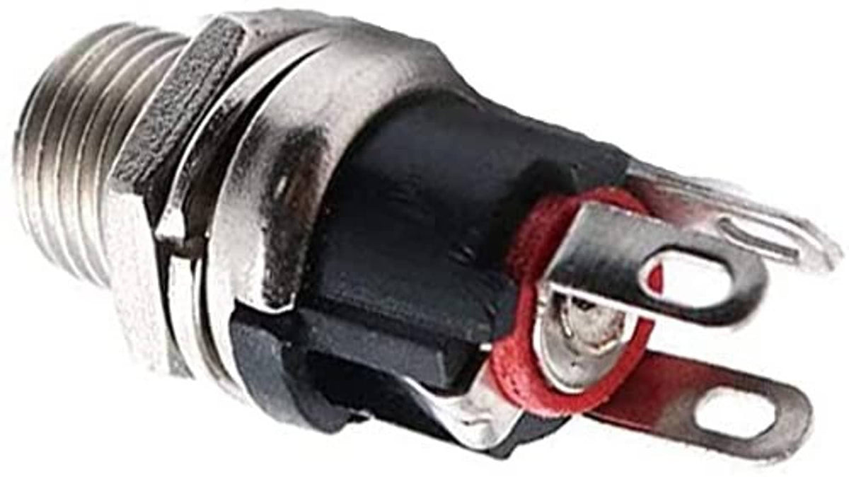 DC male power plug 3-pin solder terminals with red insulator, black housing