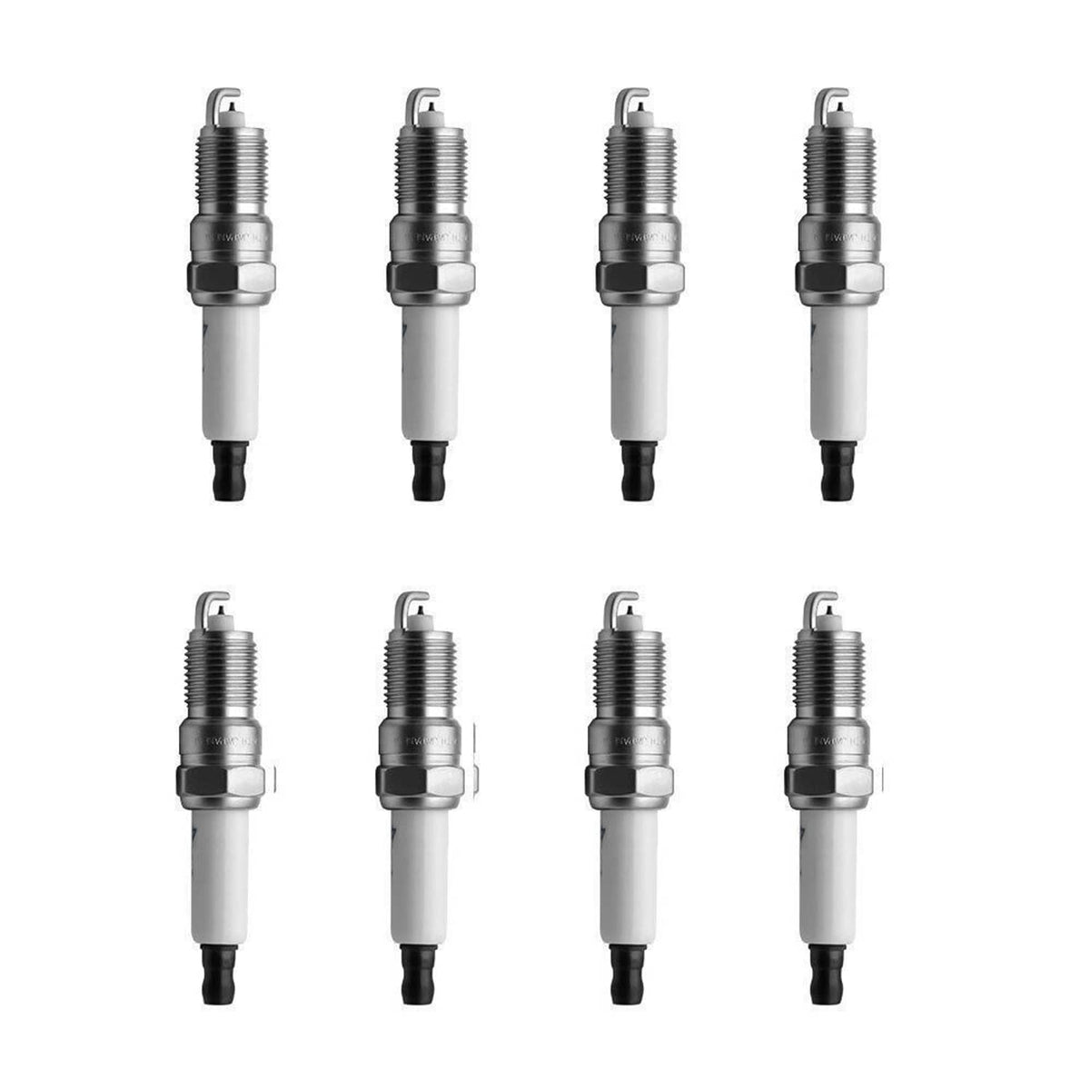 Eight spark plugs shown upright with metal electrodes and black boots