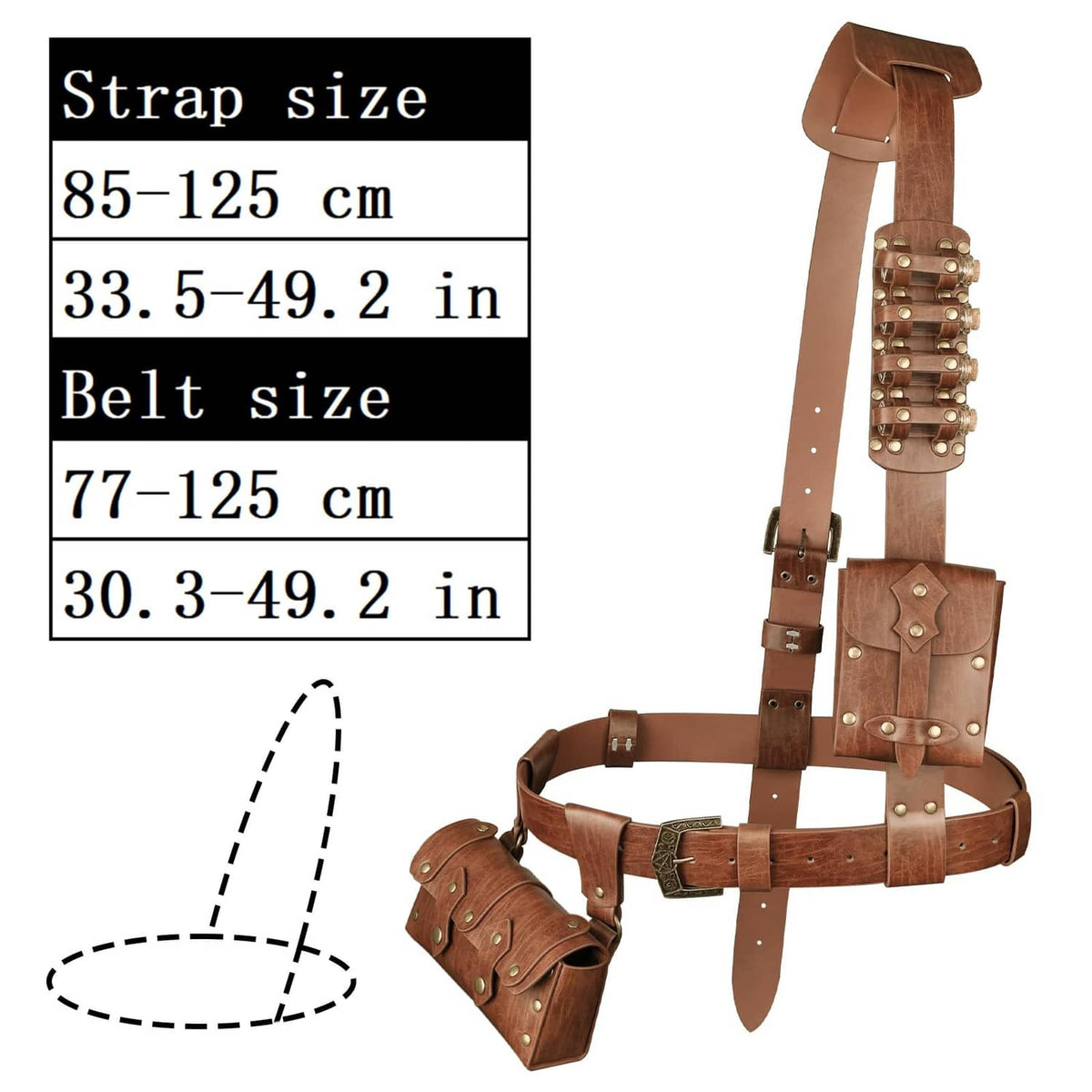 Brown leather baldric tactical belt with studded straps and pouch, shown with measurements