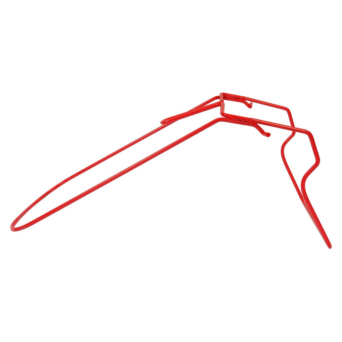 Red metal grass bag frame with extended arm and hook-style mounting points