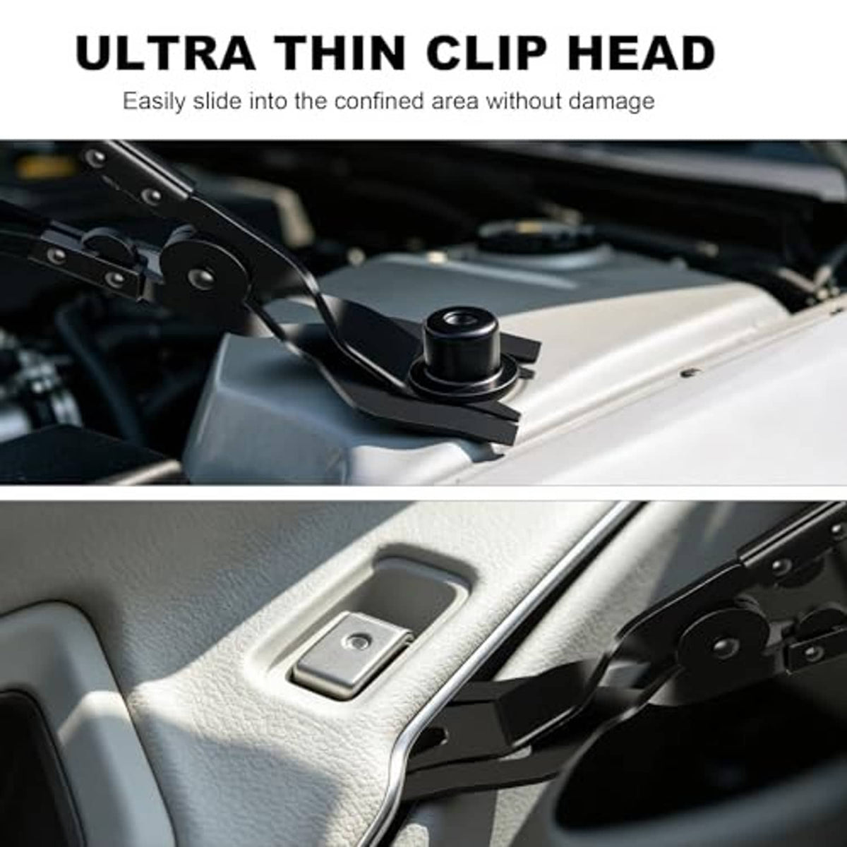 Slim clip removal tool with black head and blue handle for accessing car trim areas