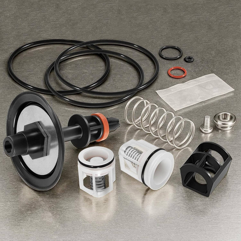 1-inch backflow preventer repair kit with black disc, orange sealing ring, springs, and connectors