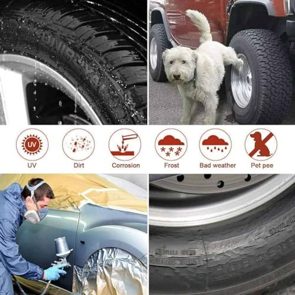White tire cover protection graphics with UV, dirt, corrosion, frost, bad weather icons