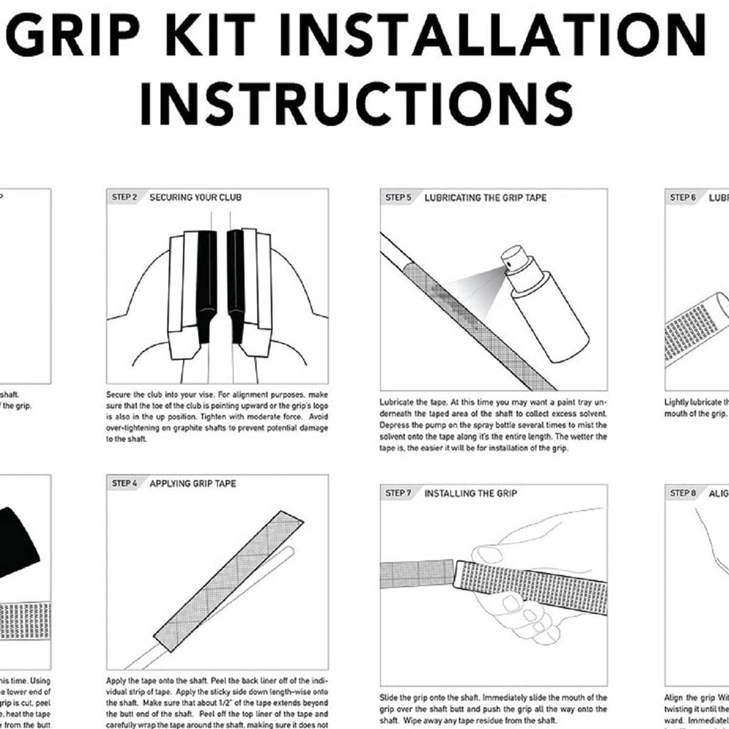 Grip kit installation instruction diagrams for applying tape and fitting the grip