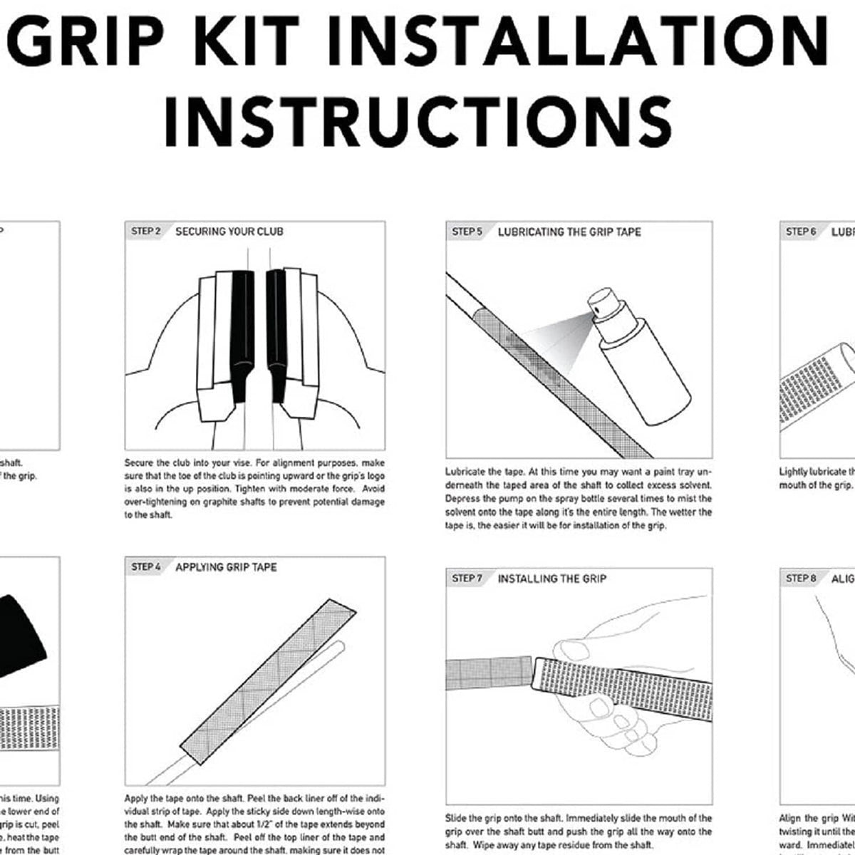 Grip kit installation instruction diagrams for applying tape and fitting the grip