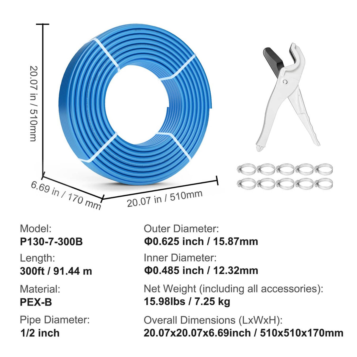 Blue PEX-B 1/2 in tubing coil with included pipe cutter and clamp rings