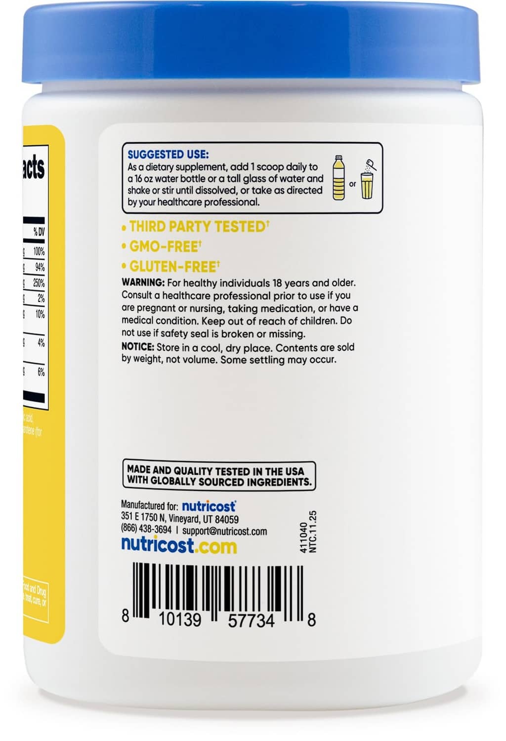 Back label on Nutricost electrolytes powder jar with directions and barcode