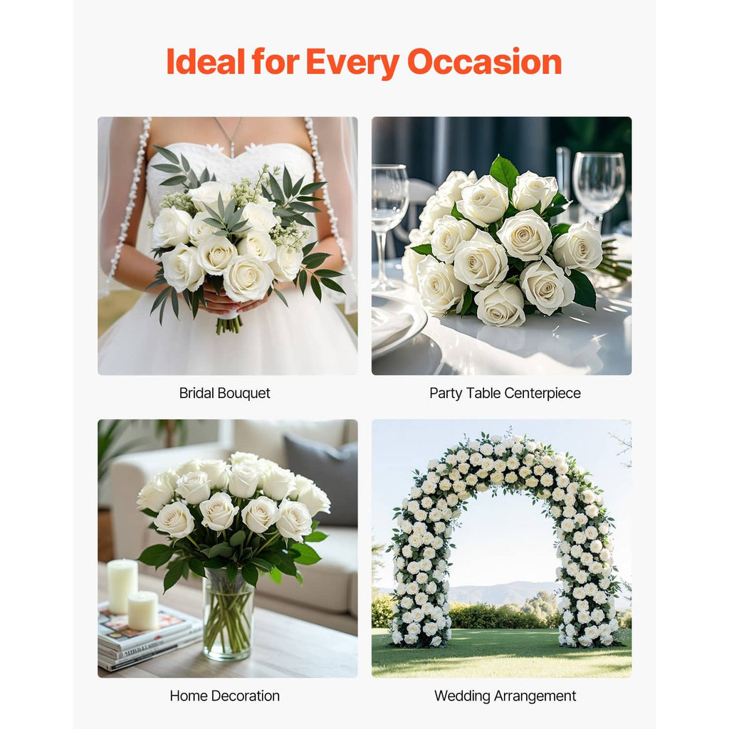 Artificial white rose bouquet shown in bridal, table, vase, and arch arrangements