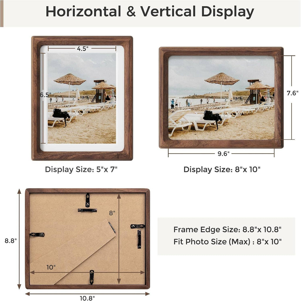 Walnut wood picture frame shown for horizontal or vertical display, size diagram