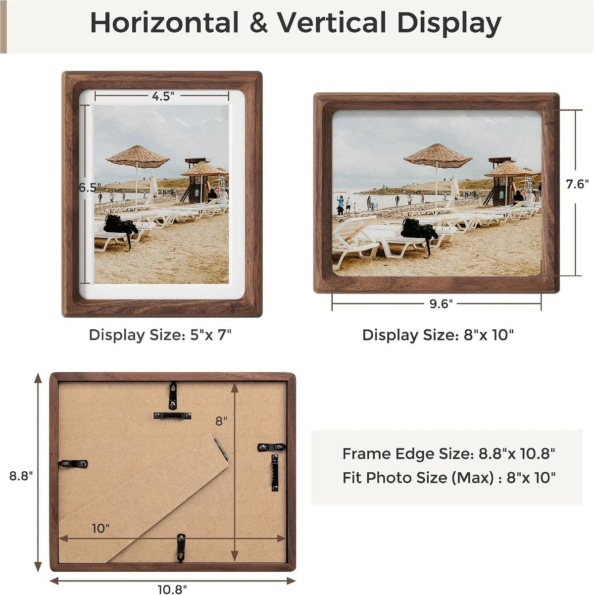 Walnut wood picture frame shown for horizontal or vertical display, size diagram