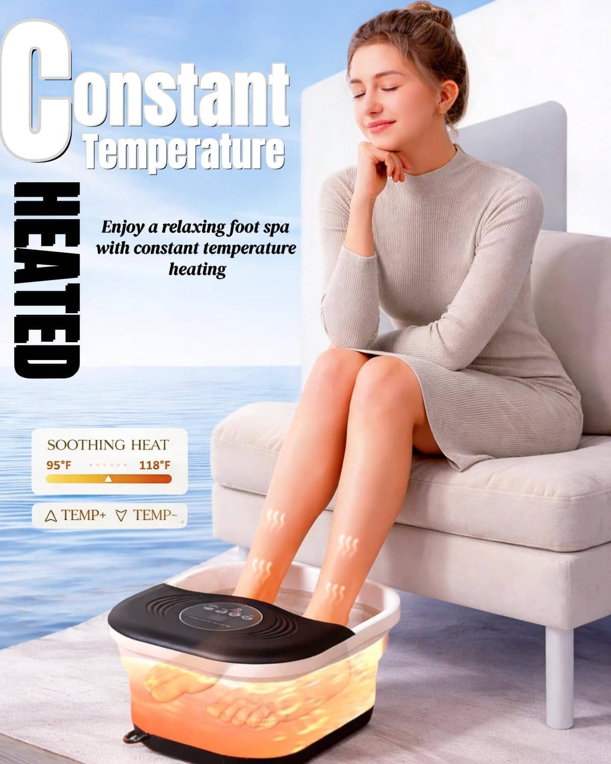 Collapsible heated foot spa with water bubbles and glowing red control panel
