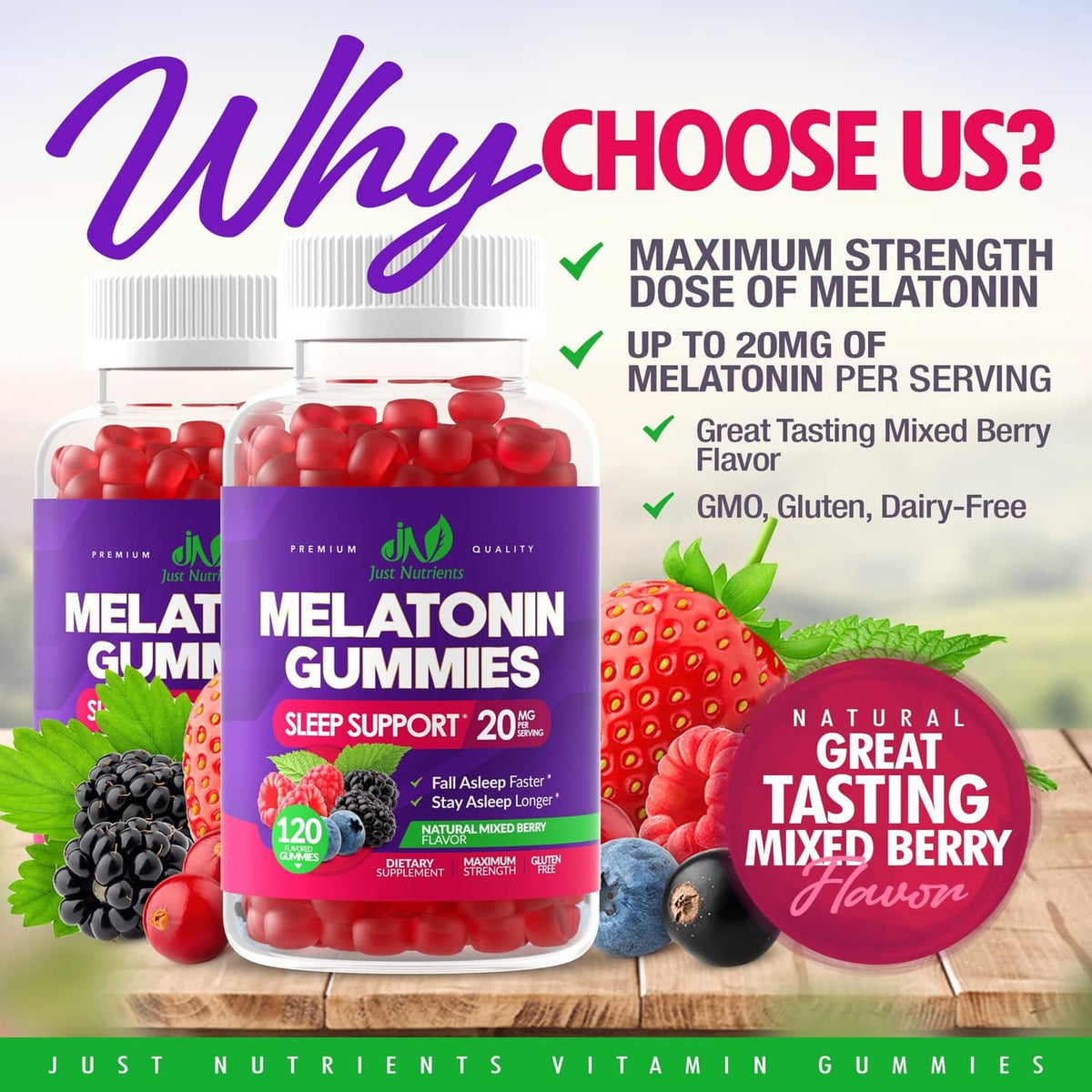 Melatonin gummies bottles (two-pack) with white caps, mixed berry flavor label