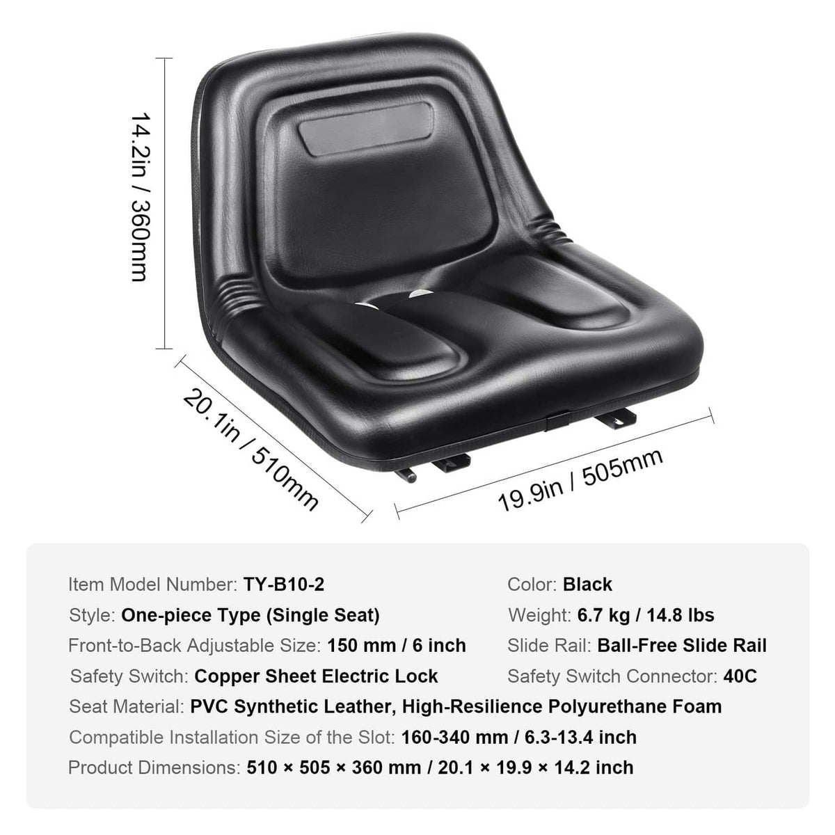 Black forklift seat dimensions view, contoured backrest and cushion
