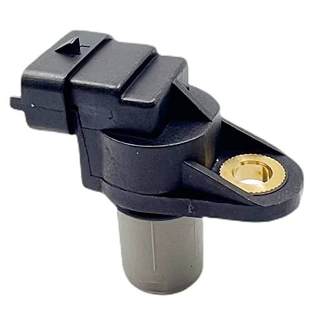 Camshaft position sensor angled view, black housing with gray pin and gold contact