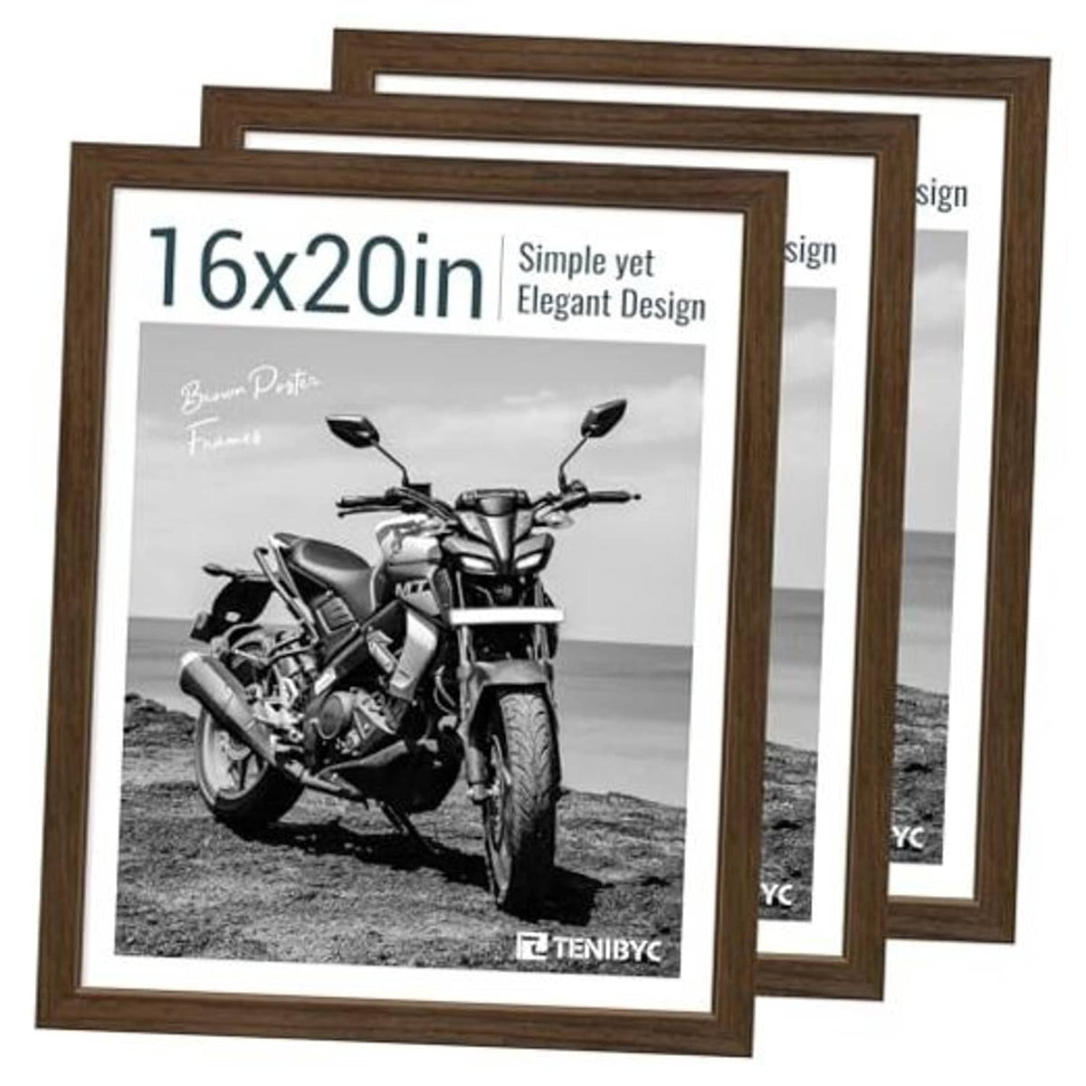 Set of three 16x20 woodgrain picture frames, brown, stacked front with photo insert