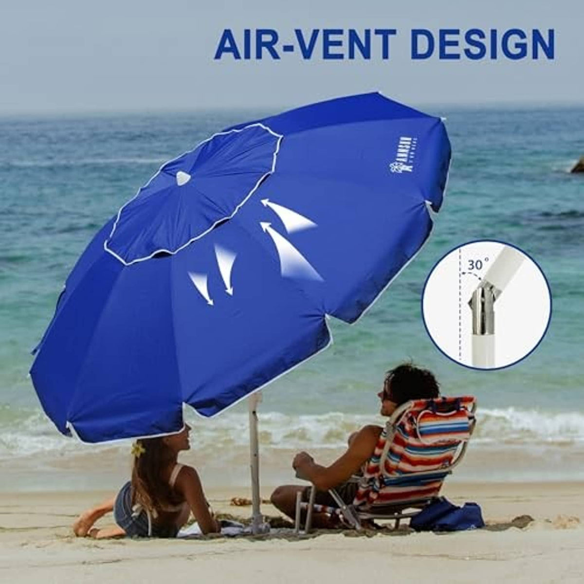 Blue beach umbrella with air-vent design for wind, shown with inset detail