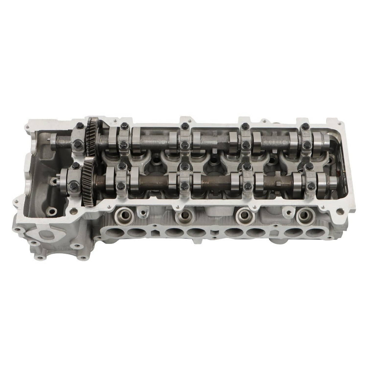 Cylinder head side view with camshafts and rocker hardware plus port cutouts