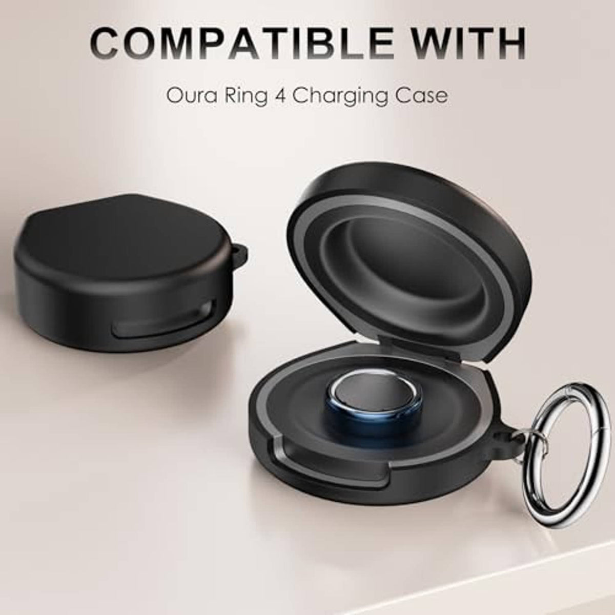Black silicone cover for Oura Ring 4 charging case, open lid with keyring
