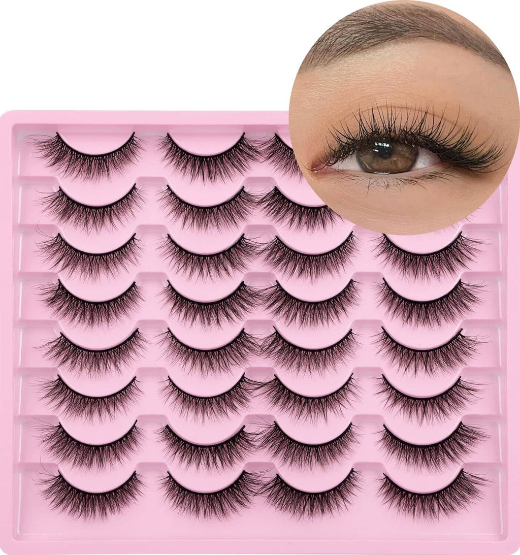 Pack of dark natural cat-eye false eyelashes, fluffy bands arranged on a tray