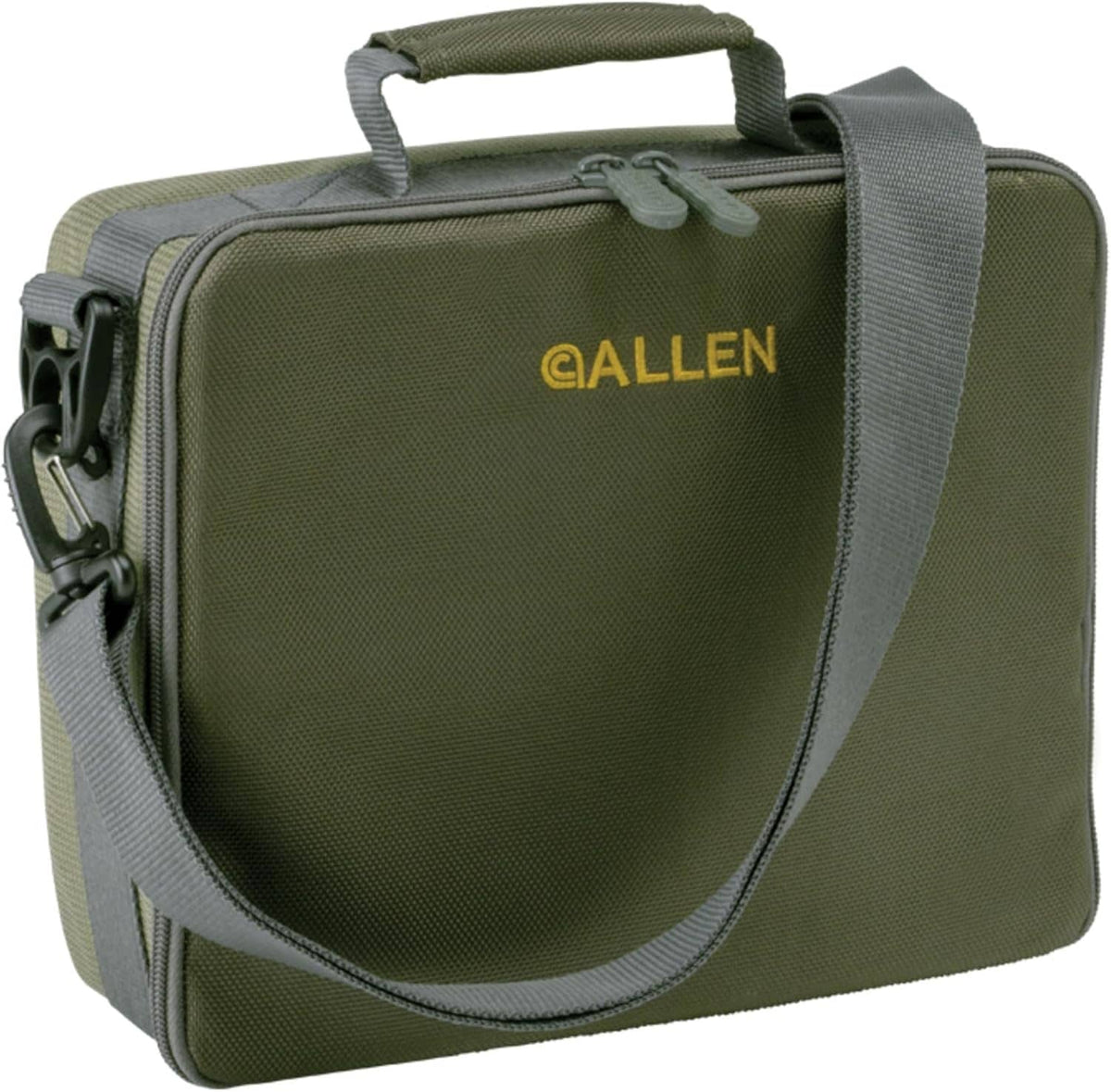 Allen olive green fishing reel bag with top handle, zipper closure, and side strap