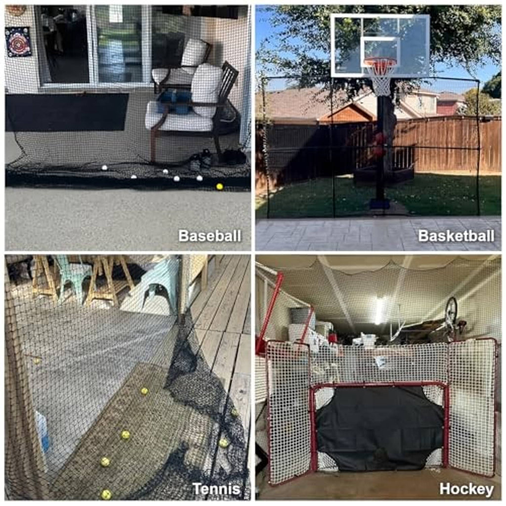 Multi-sport practice netting barrier with white grid mesh and black frame