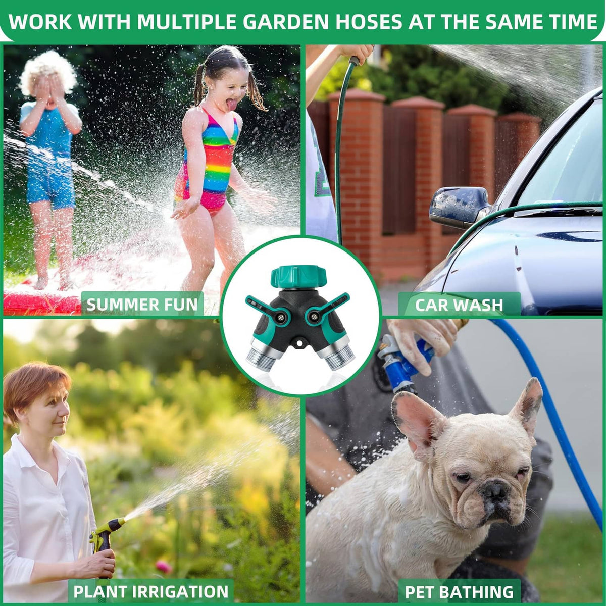 2-way hose splitter connecting multiple water uses, green top and dual threaded outlets