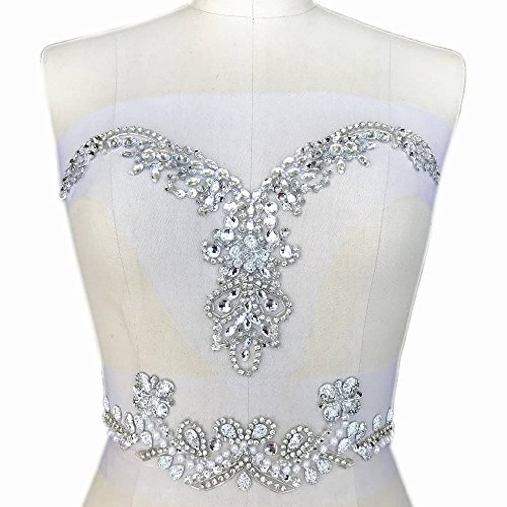 Rhinestone and crystal beaded V-neck sequin neckline trim, scalloped horseshoe design