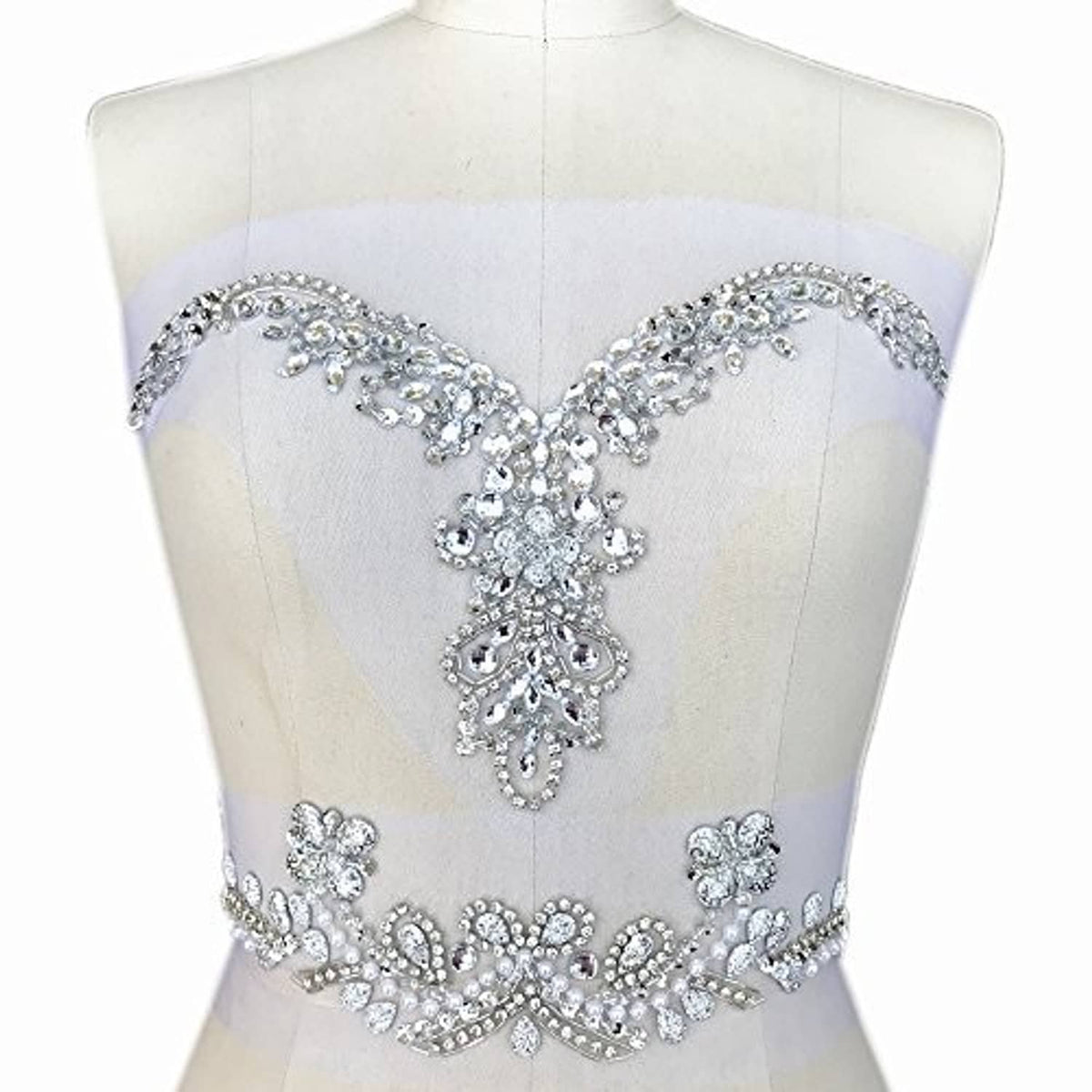 Rhinestone and crystal beaded V-neck sequin neckline trim, scalloped horseshoe design
