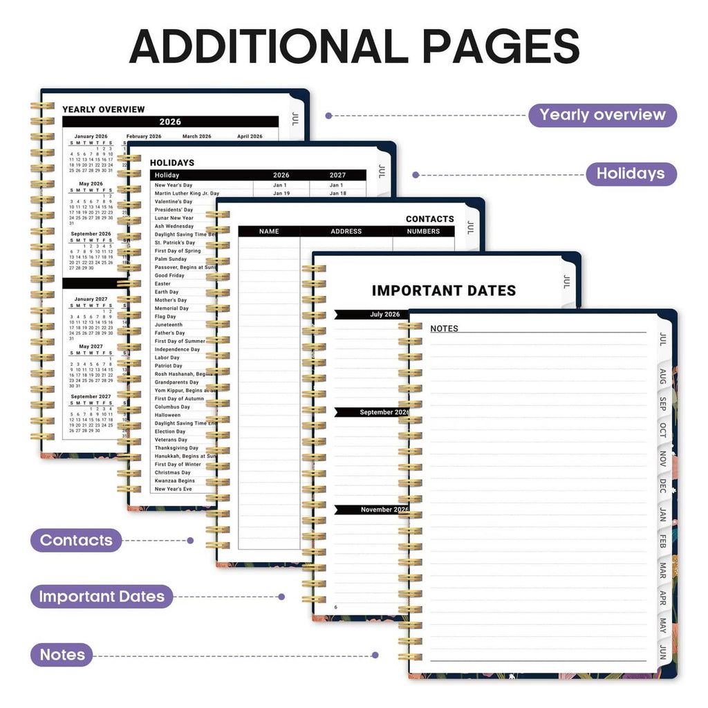 Additional pages in academic planner featuring contacts, important dates, and notes