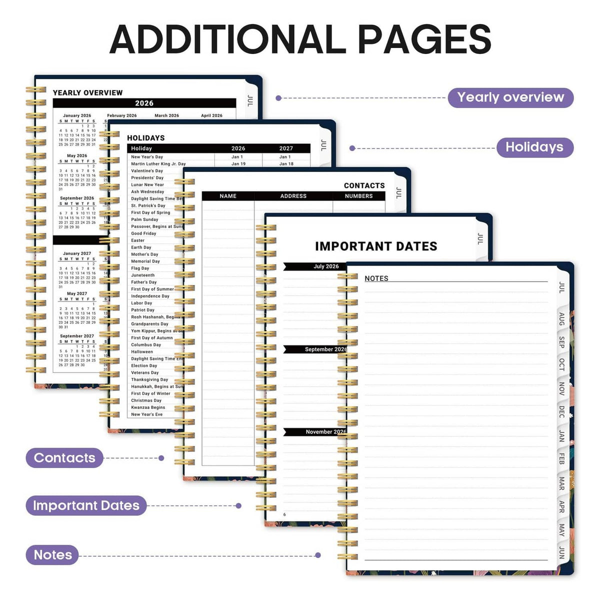 Additional pages in academic planner featuring contacts, important dates, and notes