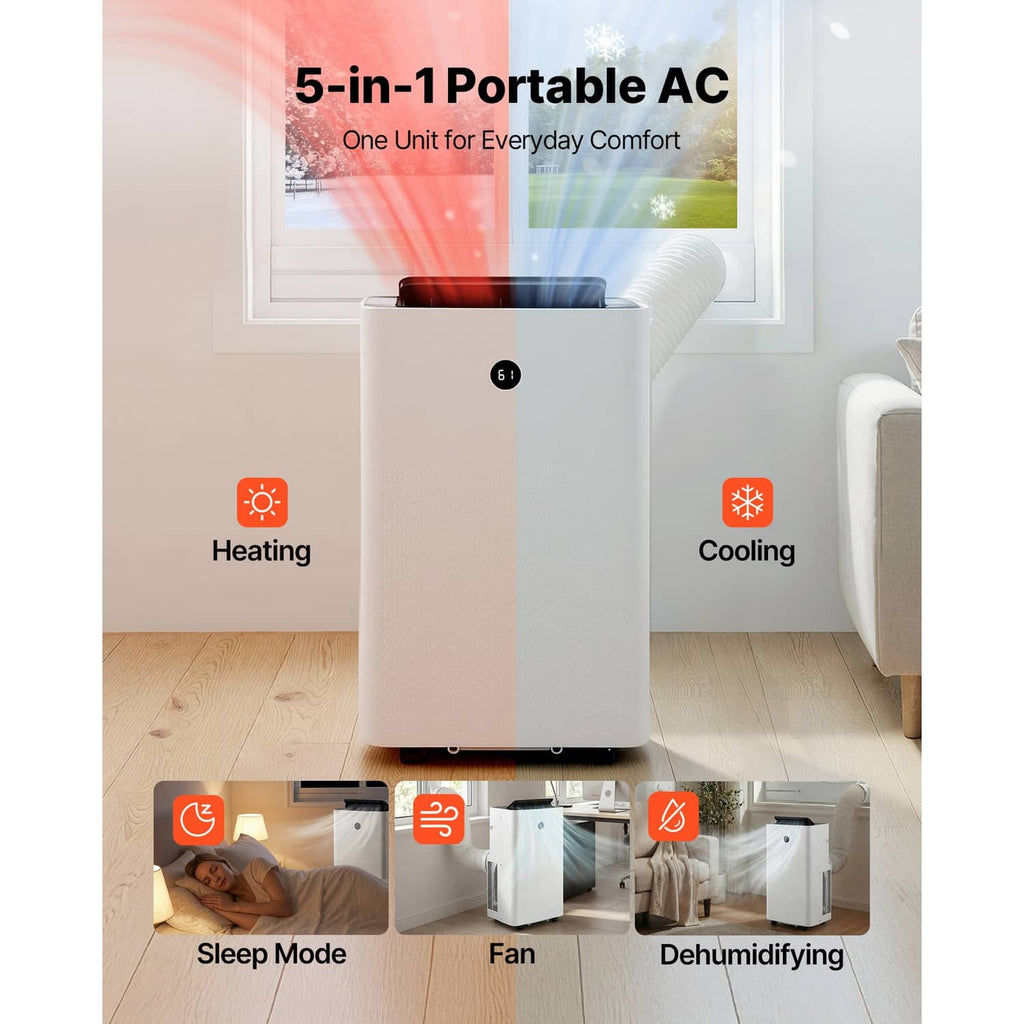 Portable air conditioner heater combo, white freestanding unit with top vent and front panel