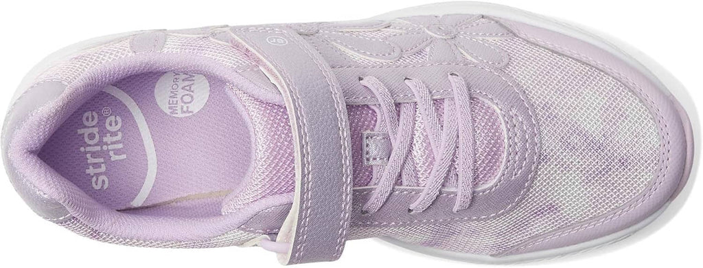 Light lavender light-up sneaker with lace-up top view and glowing side accents