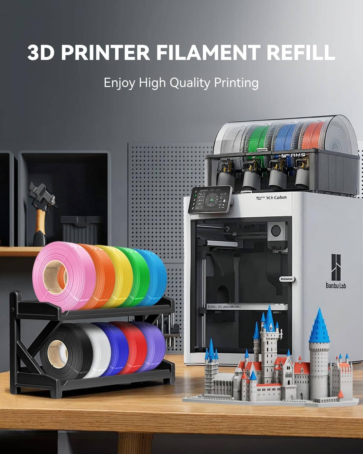PLA+ filament refill spools in pink, yellow, green, and blue beside 3D printer