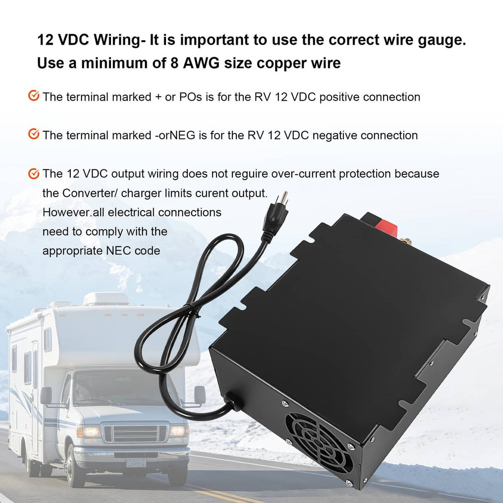 RV power converter with 12V DC wiring terminals and guidance for correct wire gauge