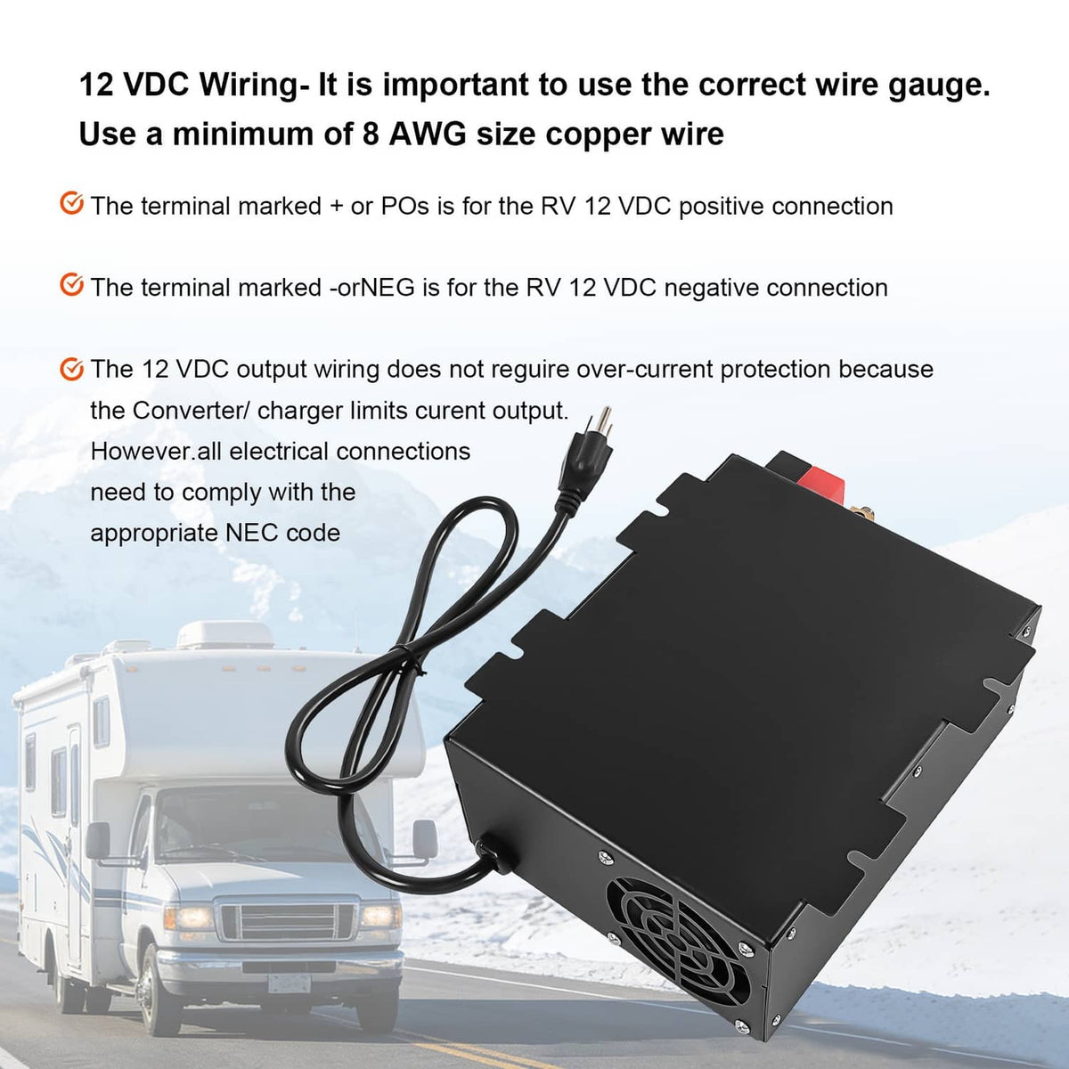 RV power converter with 12V DC wiring terminals and guidance for correct wire gauge