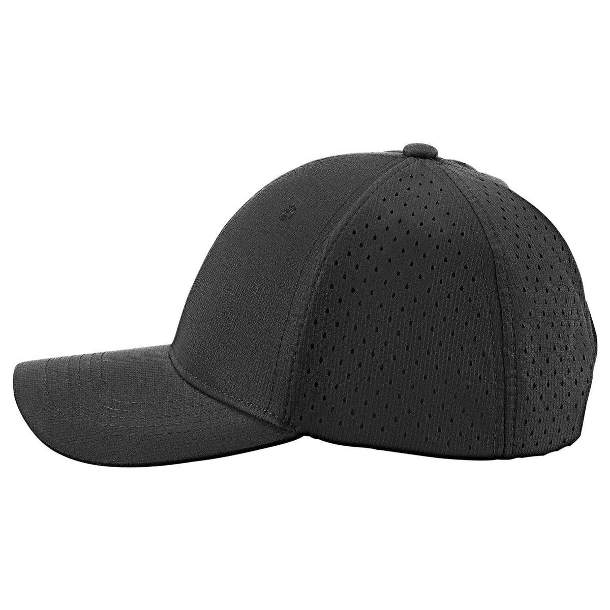 Black baseball cap with curved brim and perforated crown, low-profile design