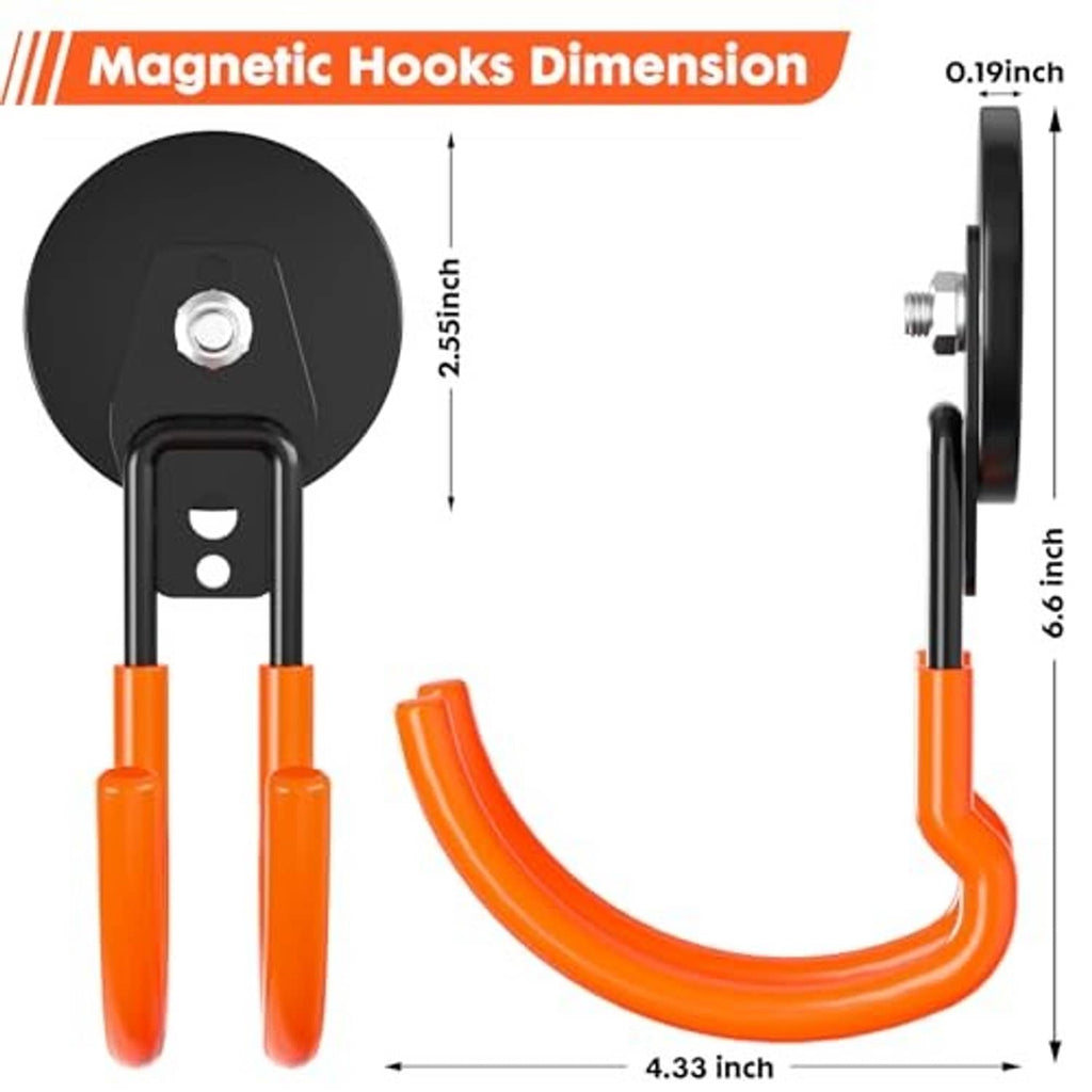 Magnetic utility hook with black base and orange curved U arm, size shown